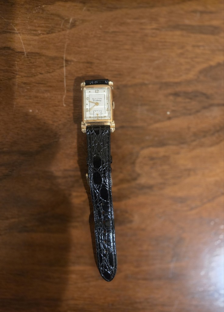 Bulova Gold Case Black Leather Strap Rectangular Dress Watch 10k Gold Filled